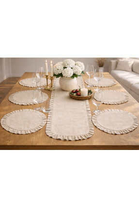 ŞAH TEXTILE DESIGN 7 parça firfırlı runner & amerikan servis ham keten çeyiz ...