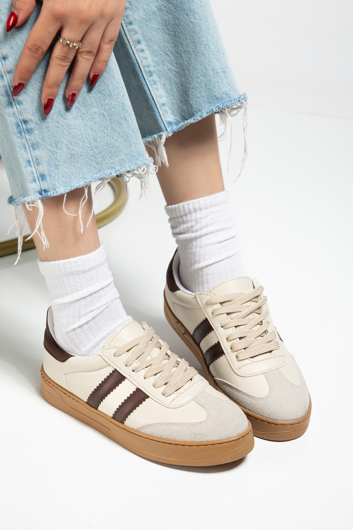 MY GROSS SHOES  Kadın Bej Termo Taban Yanı Şeritli Bağcıklı Spor Ayakkabı - Görsel 7