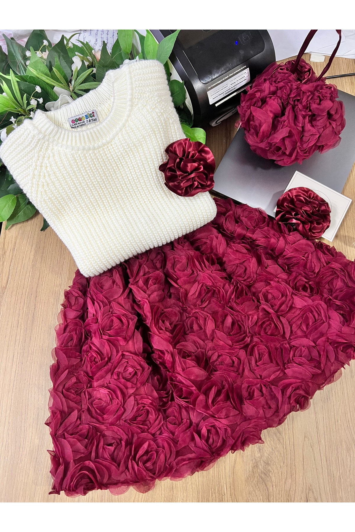 TREND NATURAL Kız Çocuk Triko Kazak ve Gül Detaylı Etek Toka ve Çanta 2-8 yaş Bordo ve Pembe fotoğrafı 6 (önizleme)