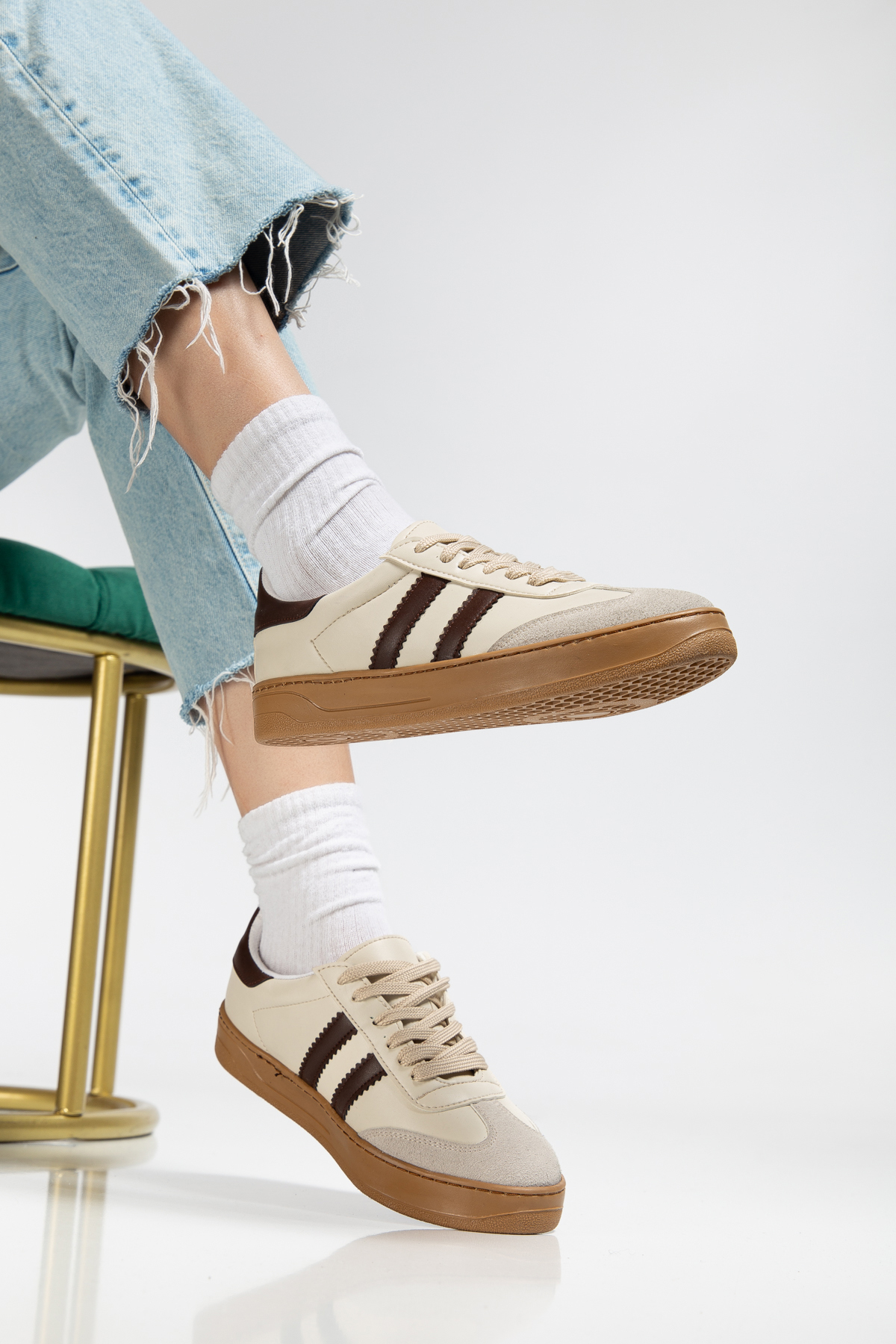 MY GROSS SHOES  Kadın Bej Termo Taban Yanı Şeritli Bağcıklı Spor Ayakkabı - Görsel 5