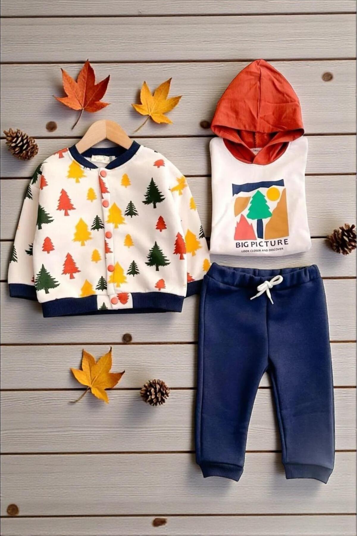 COLORFUL TREES HOODED THREE ROPE RAISED COLLEGE JACKET 3 PIECE SET
