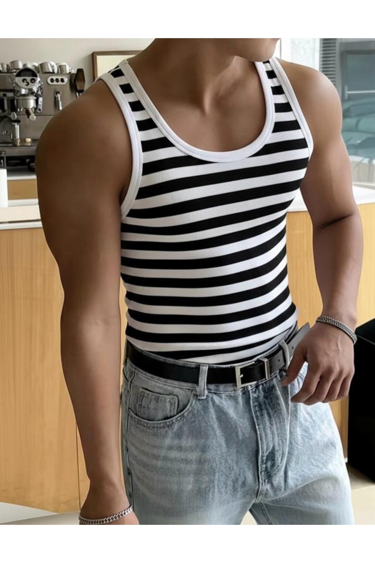 Riowela Erkek Tshirt Kolsuz Atlet Halter Yaka Likralı Pamuklu Beyaz görsel 4
