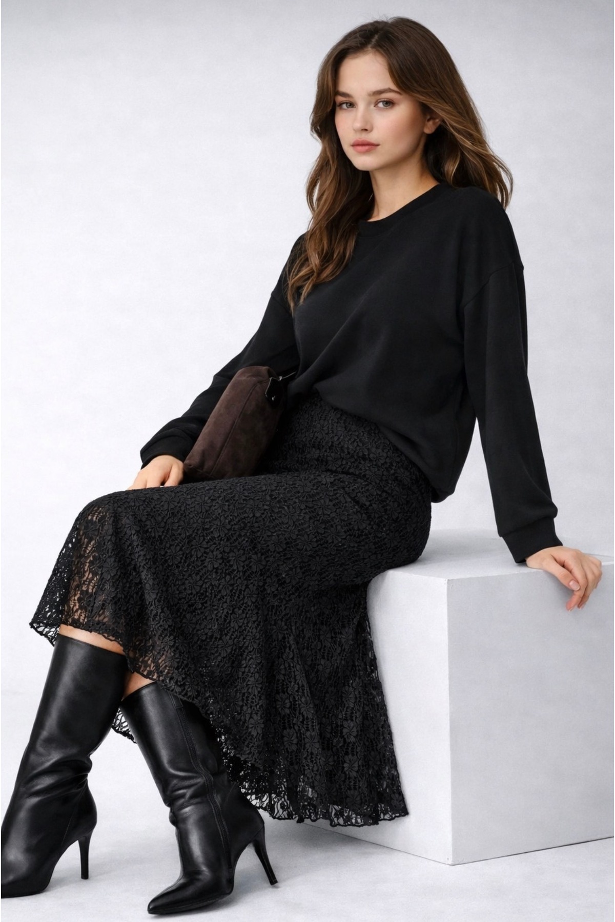 sovl  Dantel Yüksek Bel Lastikli Rahat Etek - Görsel 3