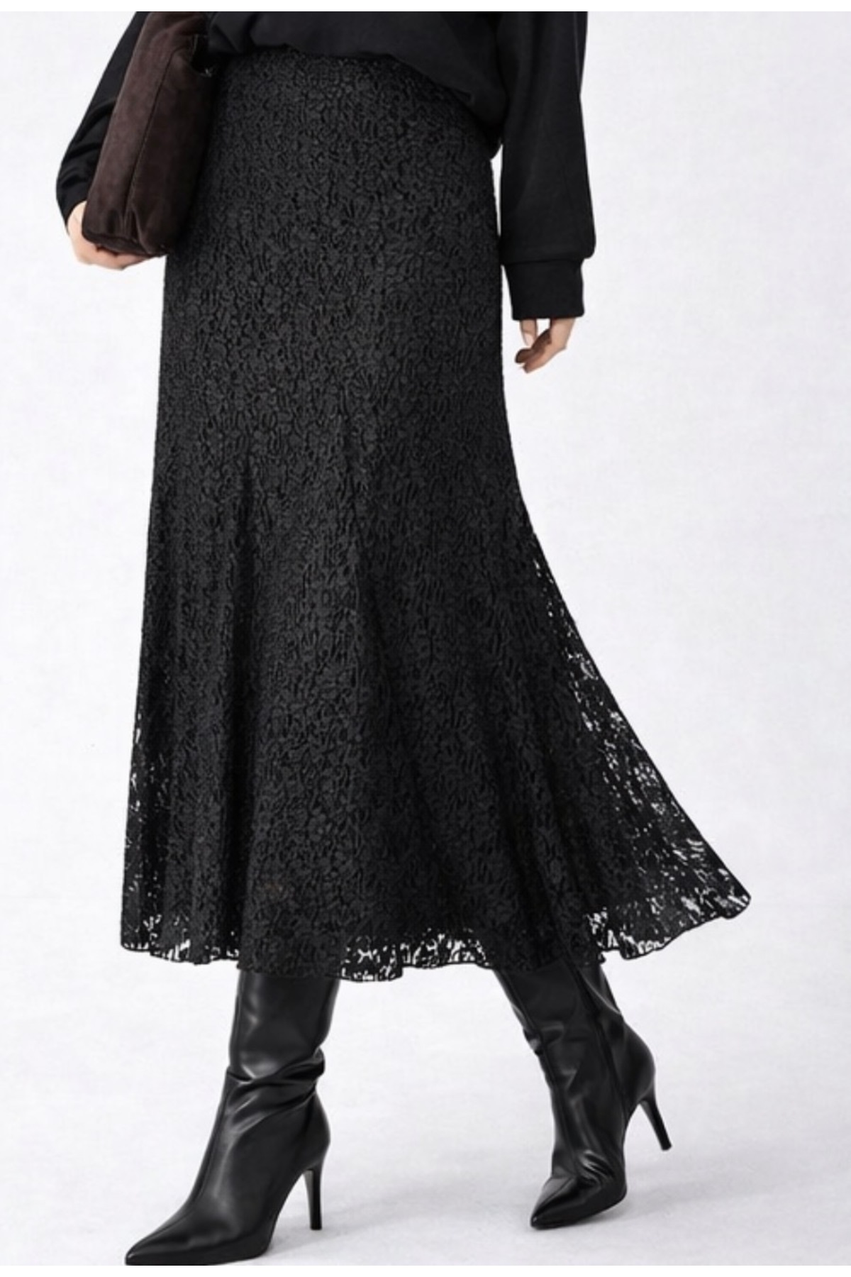 sovl  Dantel Yüksek Bel Lastikli Rahat Etek - Görsel 4