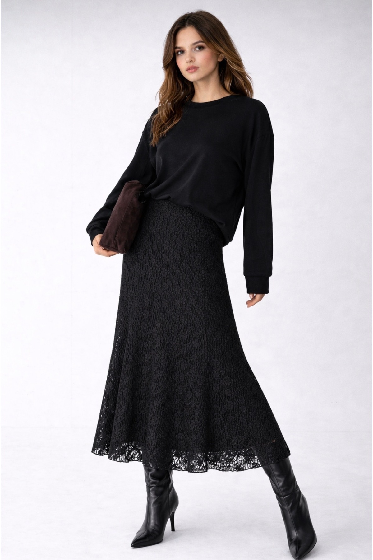 sovl  Dantel Yüksek Bel Lastikli Rahat Etek