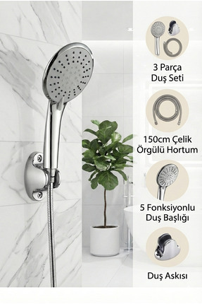 Plodna House Kaliteli 5 Fonksiyonlu Büyük Boy Krom Duş Başlığı 150cm Örgülü H...