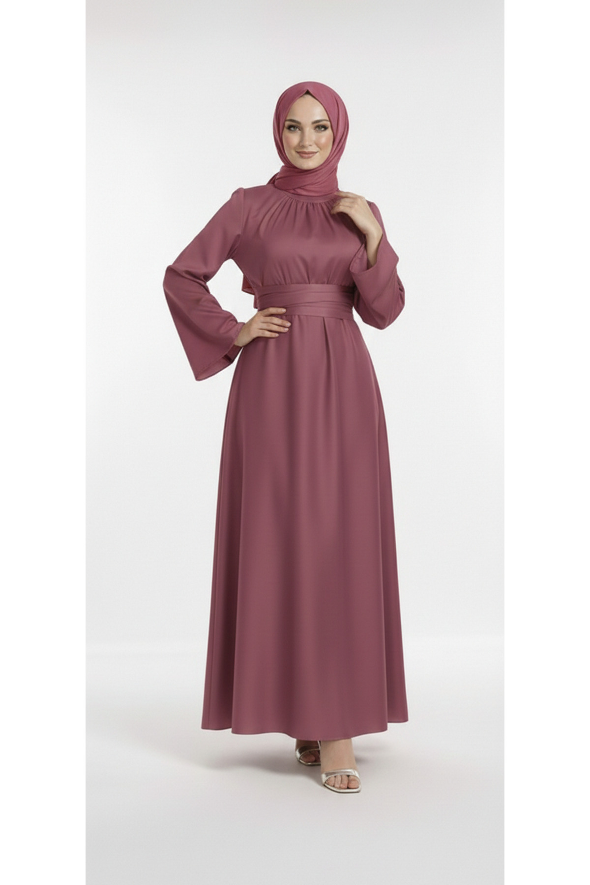 Spanish Waist Wrapped Satin Modest Evening Dress