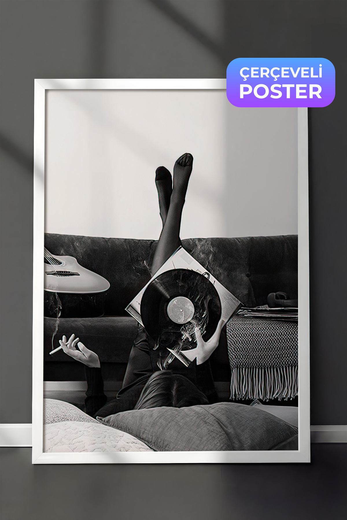 Smoky Vinyl Record Framed Table, White Frame and Poster, Wall Table Comfort Series NO:108395