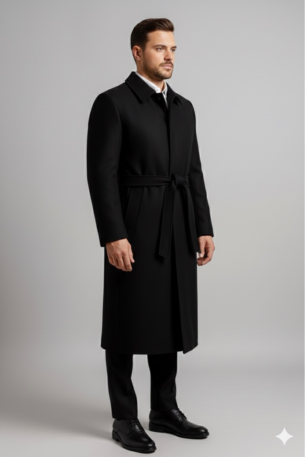 ECALAMODE  Erkek Siyah Kaşe Kaban Uzun Kuşaklı Yünlü Palto | Regular Fit Klasik Kışlık Mont - Görsel 2