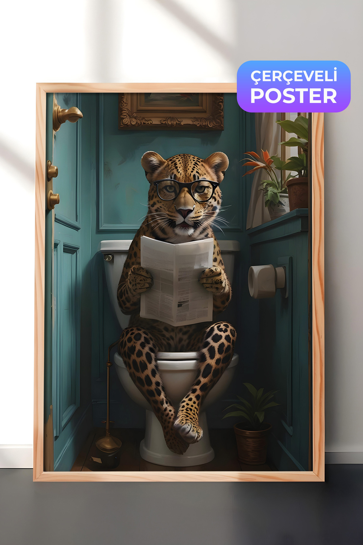 Wooden Frame Table, Leopard in Toilet, Comfort Series Kitchen Wooden Table, NO:108926
