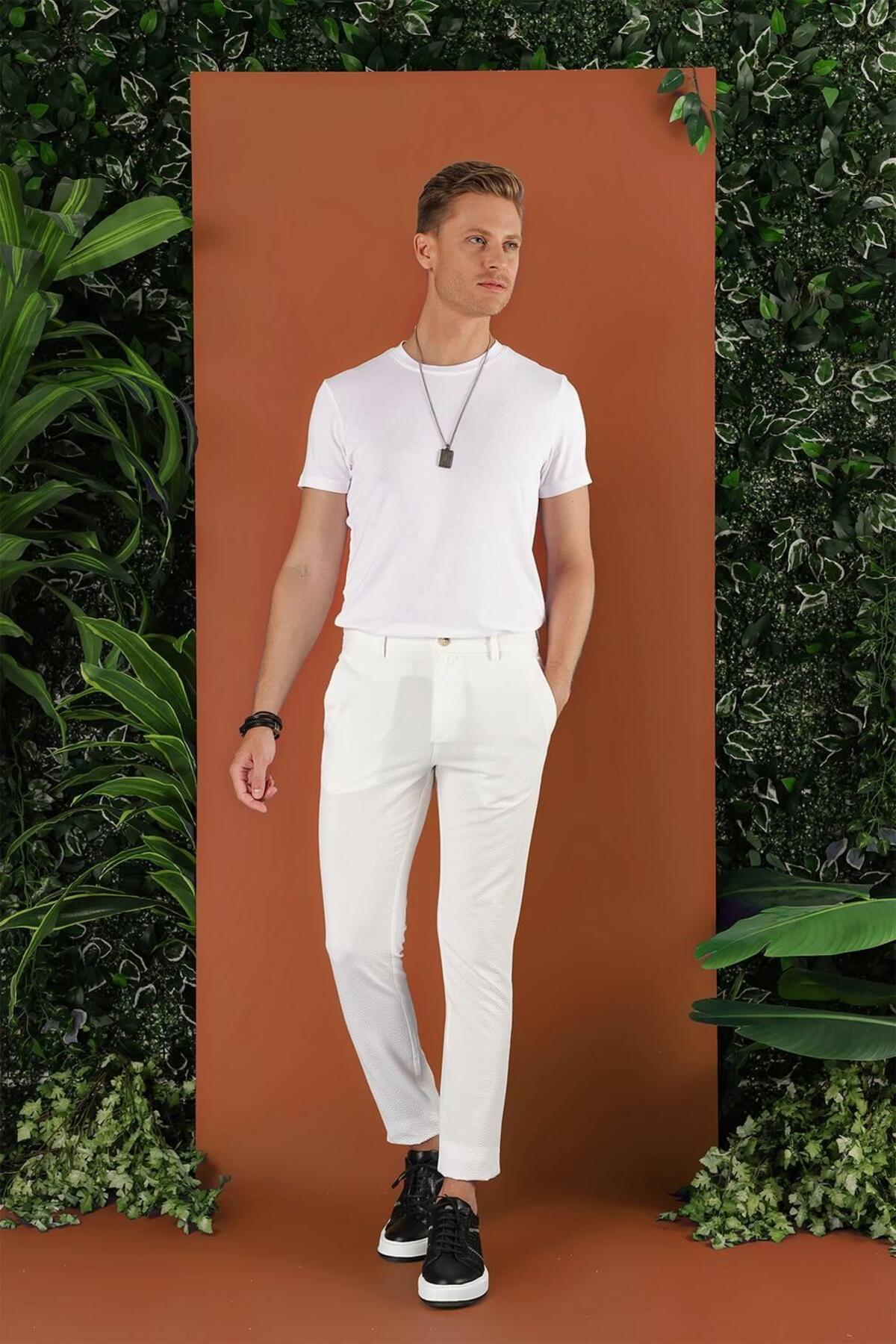 Slim Fit Elastic Waist Wafer Fabric Ecru Sports Pants P 1126