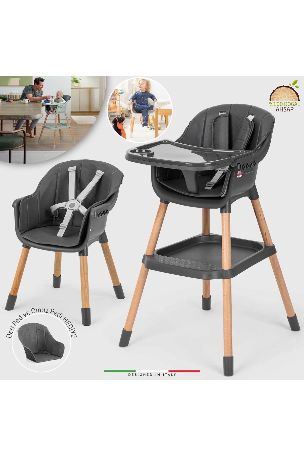 Verona 2 4in1 Wooden Baby Feeding Chair and Feeding Seat Leather Padded Anthracite