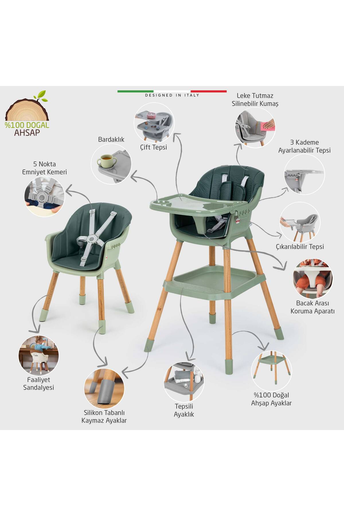 Elele Verona 2 4in1 Ahşap Bebek Mama Sandalyesi ve Mama Oturağı Deri Pedli Yeşil fotoğrafı 3 (önizleme)
