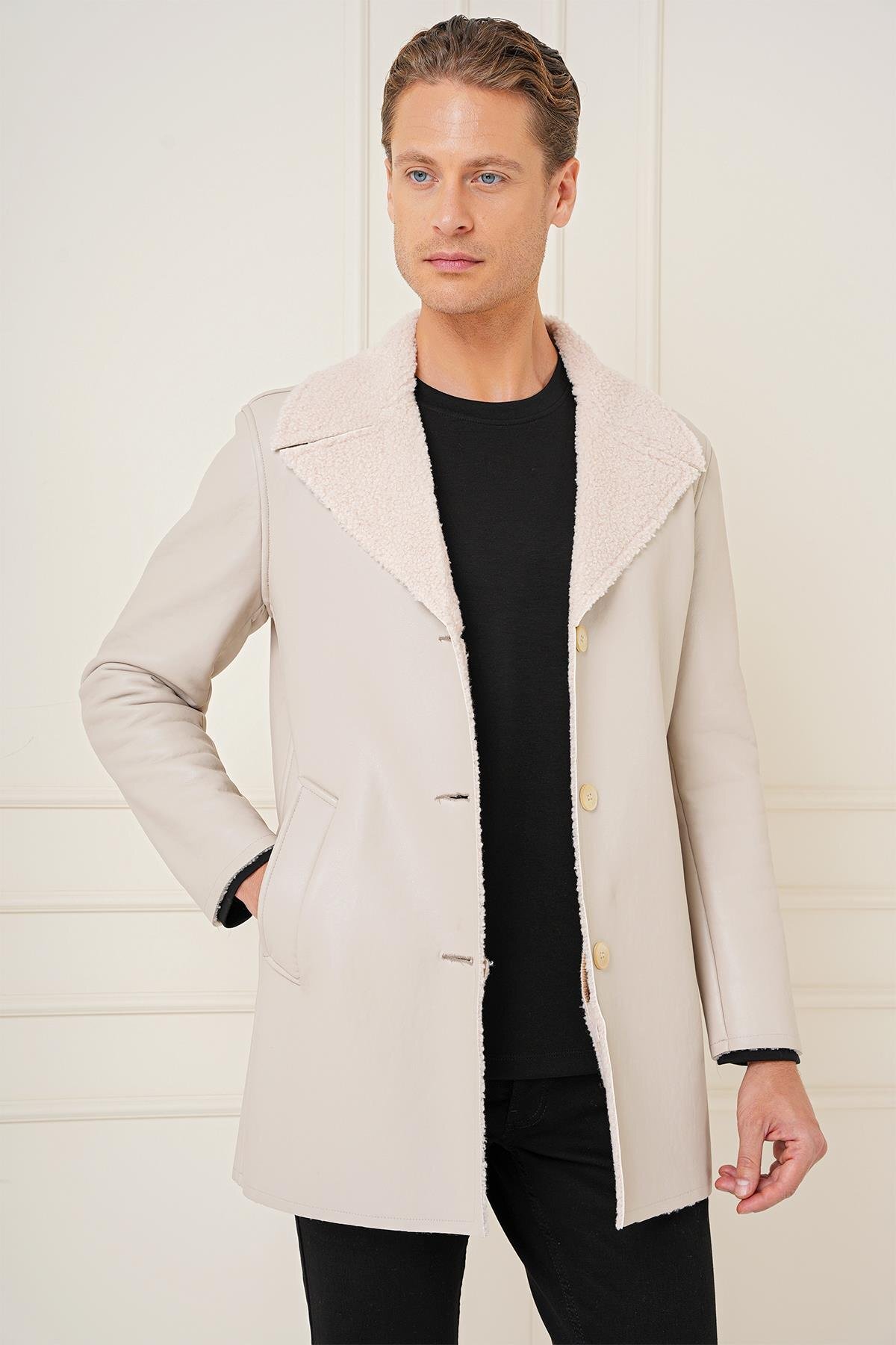 Erkek Slim Fit Taş / Kırık Beyaz Kaban KA 090 — خاکستری KA090K0724 — تصویر 4 از 7