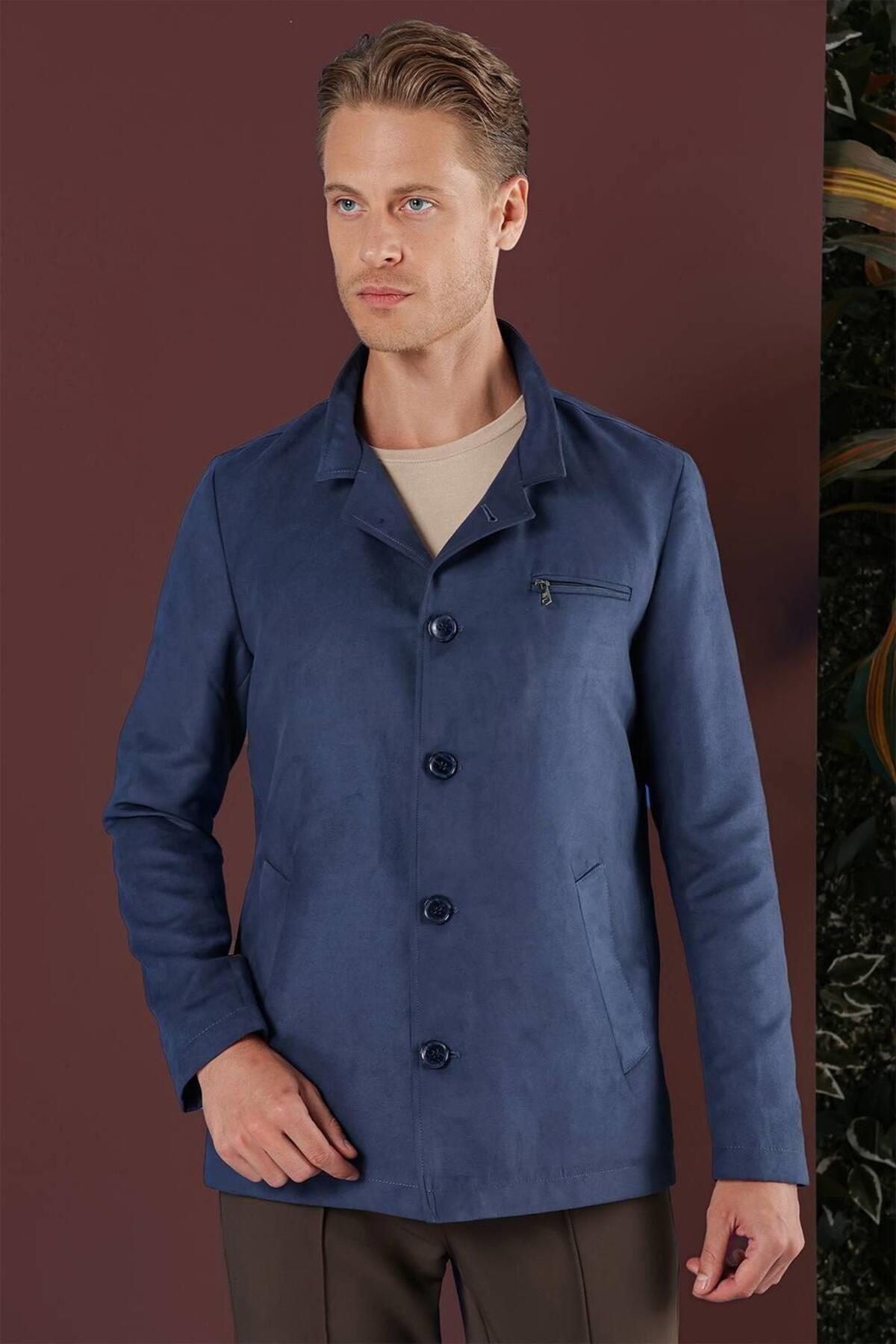Efor Erkek Slim Fit Havacı Süet Görünümlü Mavi Kaban KA 080 görsel 6