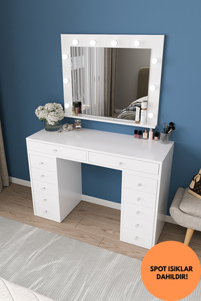 DEKORFİM DF02117B LED Işıklı Aynalı 120 cm Makyaj Masası, 12 Çekmeceli Beyaz ...