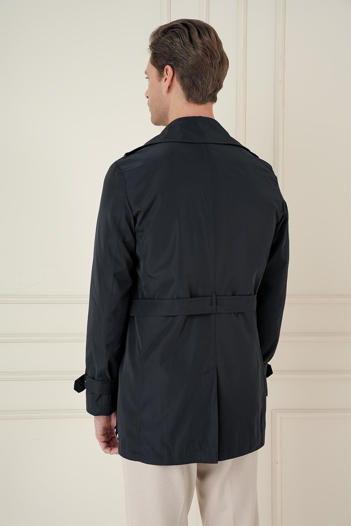 Efor Erkek Comfort Fit Rahat Kalıp Kemerli Kruvaze Lacivert Trençkot Padösü TRCKT40724 görsel 4
