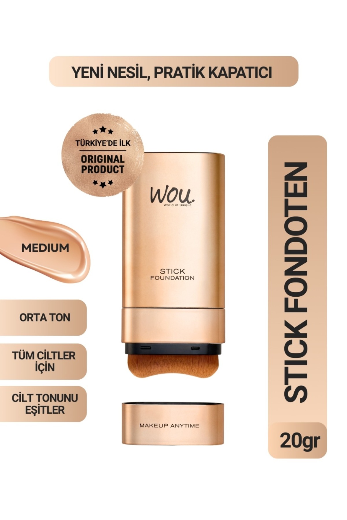 WOU World of Unique Stick Fondöten, Fırçalı Pratik Kapatıcı, 2 in 1, 20 gr, O...