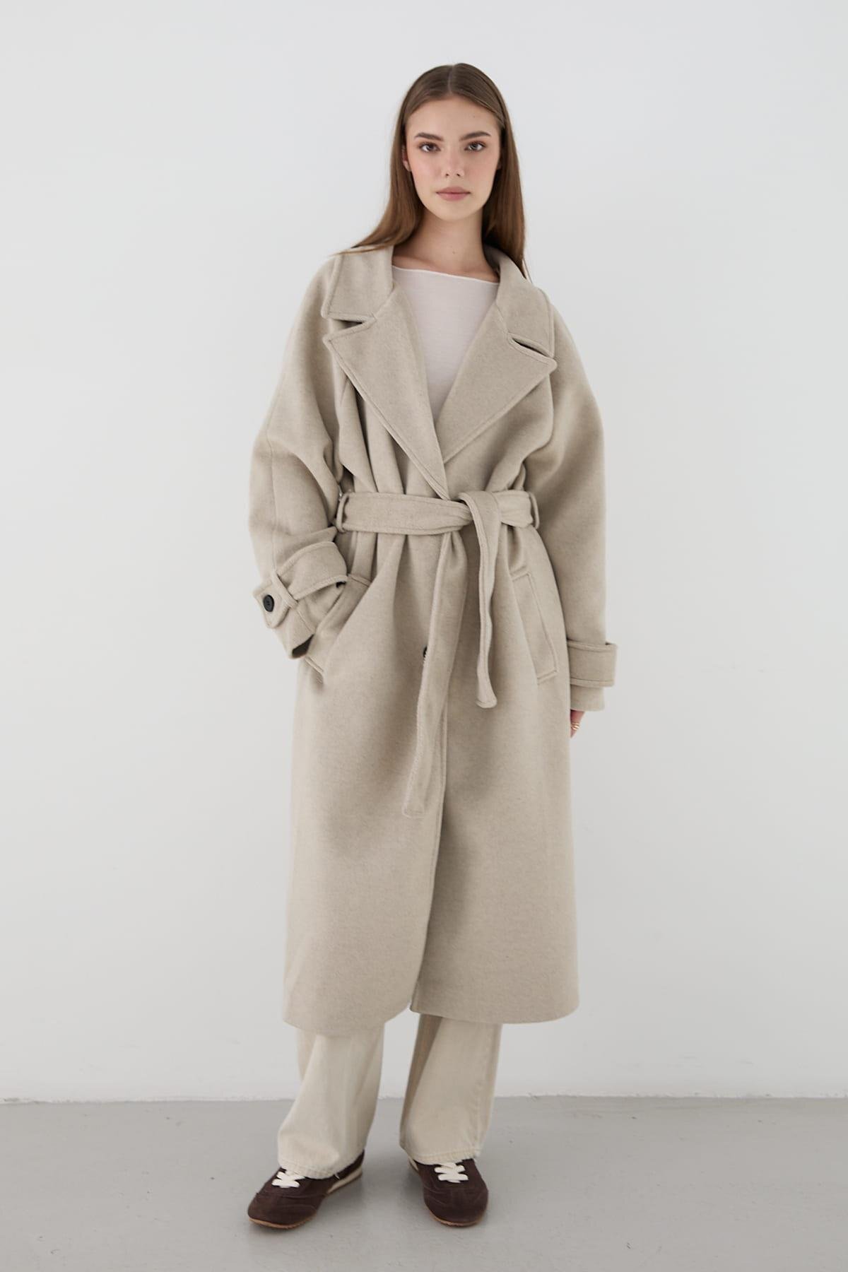 JASTE  Kadın Geniş Rever Yaka Kuşaklı Uzun Kaban VİZON - Görsel 5