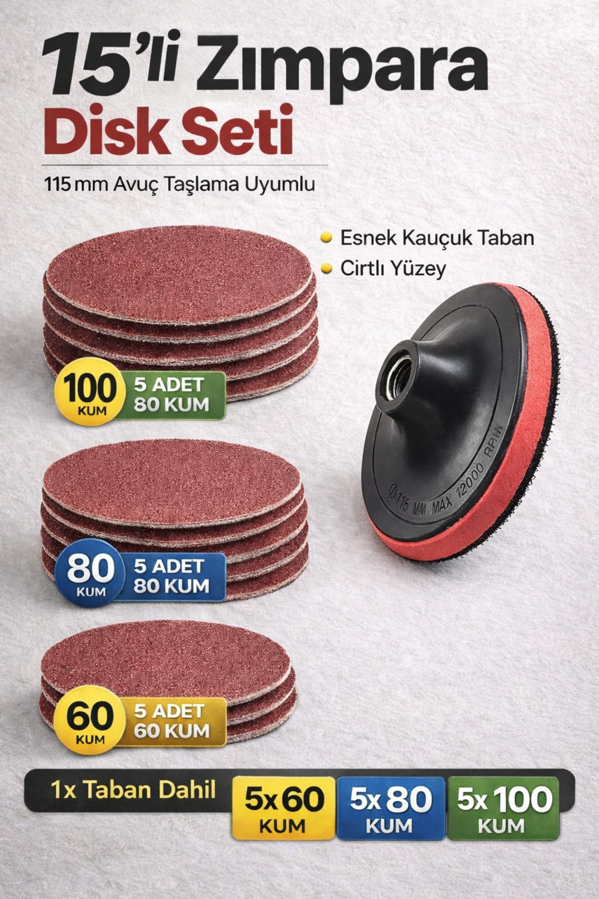 TITEX 115 mm Cırtlı Zımpara Disk Seti 15'li (5x60 / 5x80 / 5x100