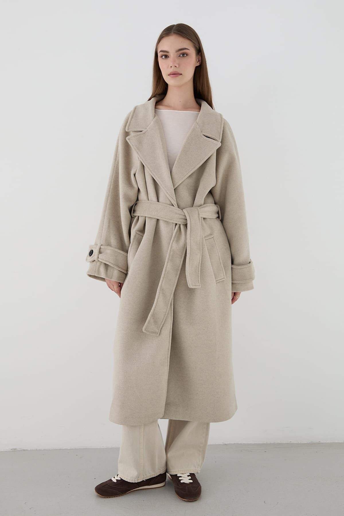 JASTE  Kadın Geniş Rever Yaka Kuşaklı Uzun Kaban VİZON - Görsel 4