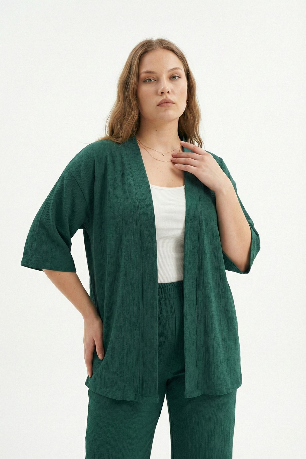 Talvien  Büyük Beden Kimono Hırkalı 2’li Takım – Bürümcük Kumaş Oversize Şık Set - Görsel 2