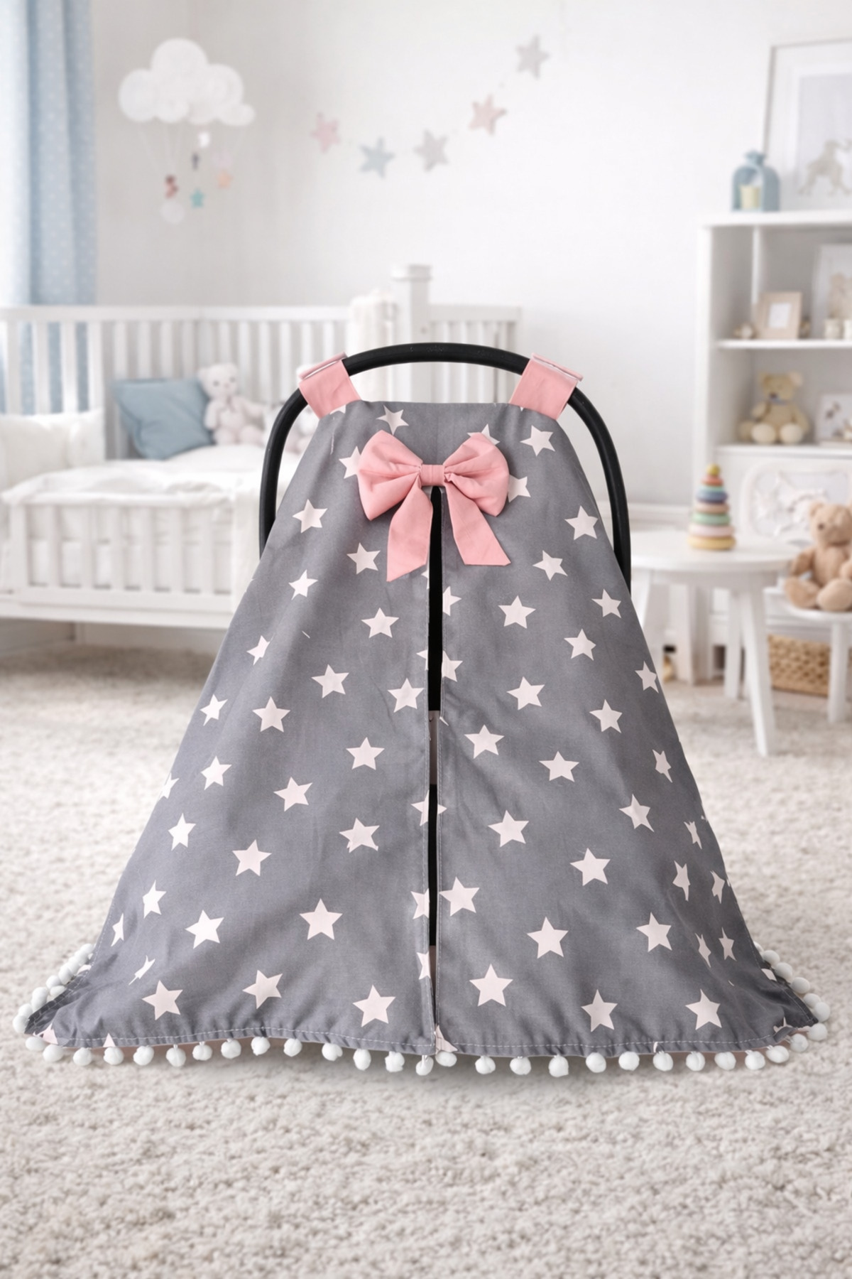 Genel Markalar Gri Yıldız Ponponlu Tasarım Puset Örtüsü ve Puset Minderi fotoğrafı 2 (önizleme)