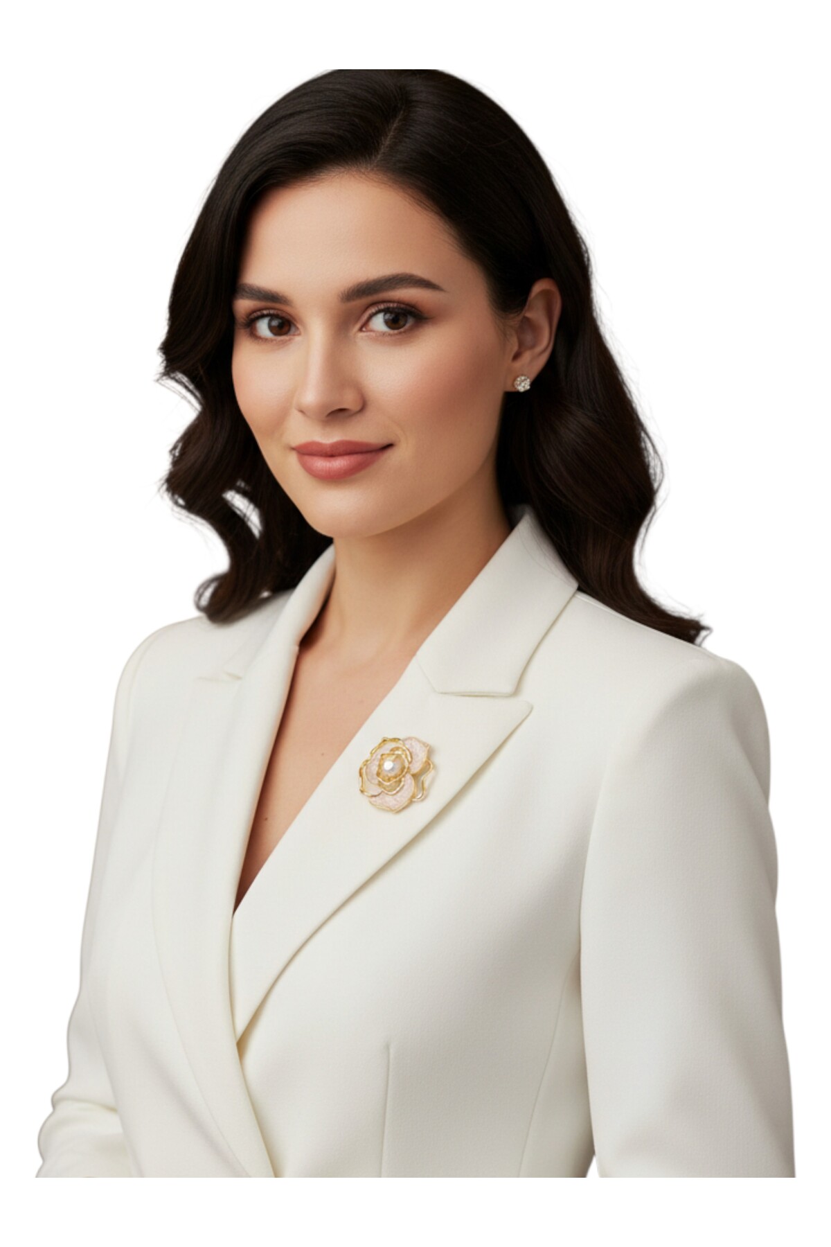 Pearl Detailed Rose Flower Brooch | Cream - Size: 3.5 cm