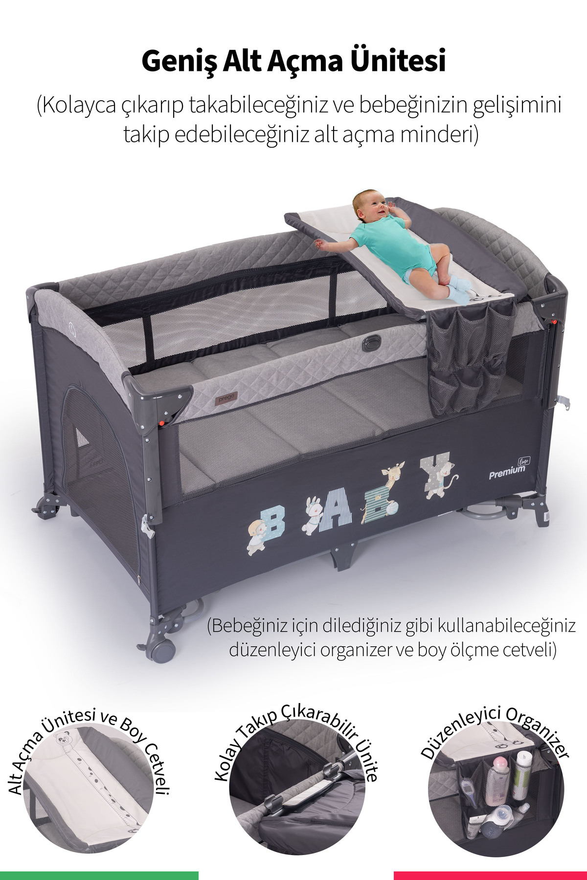 Prego Premium Anne Yanı Oyun Parkı 70*120 Cm GRİ + Yatak Hediyeli GRİ fotoğrafı 7 (önizleme)