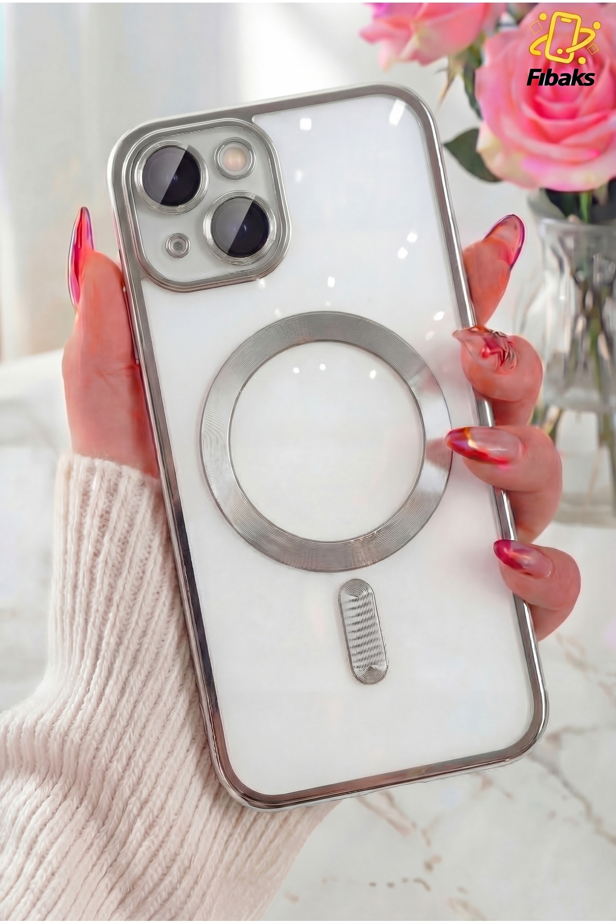 iPhone 14 Plus/15 Plus Case Camera Magsafe Charging Lock with Lens Protection Transparent Color Soft Silver