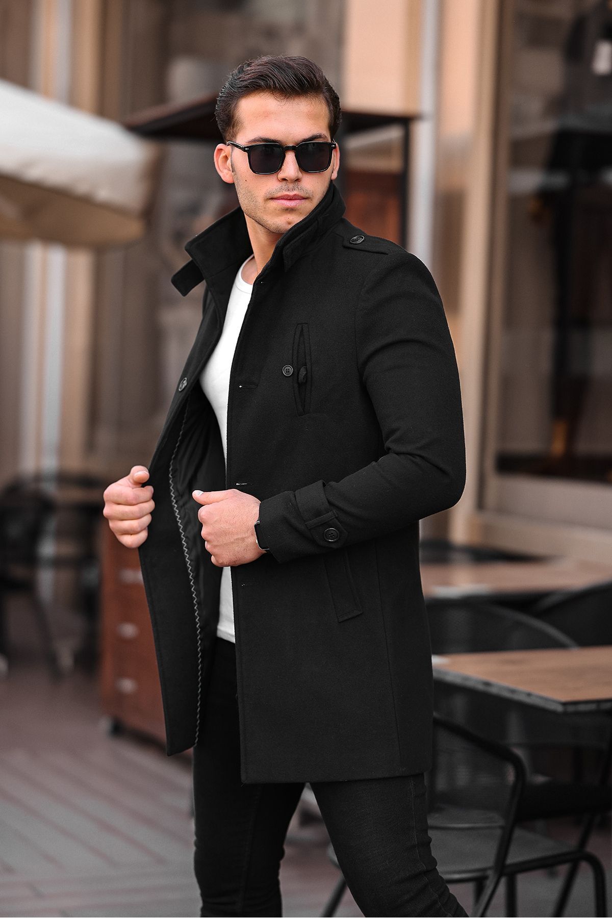 gm giyimarket  Erkek Dar Kesim Dik Yaka Yün Karışımlı Uzun Kaşe Kaban - Görsel 6