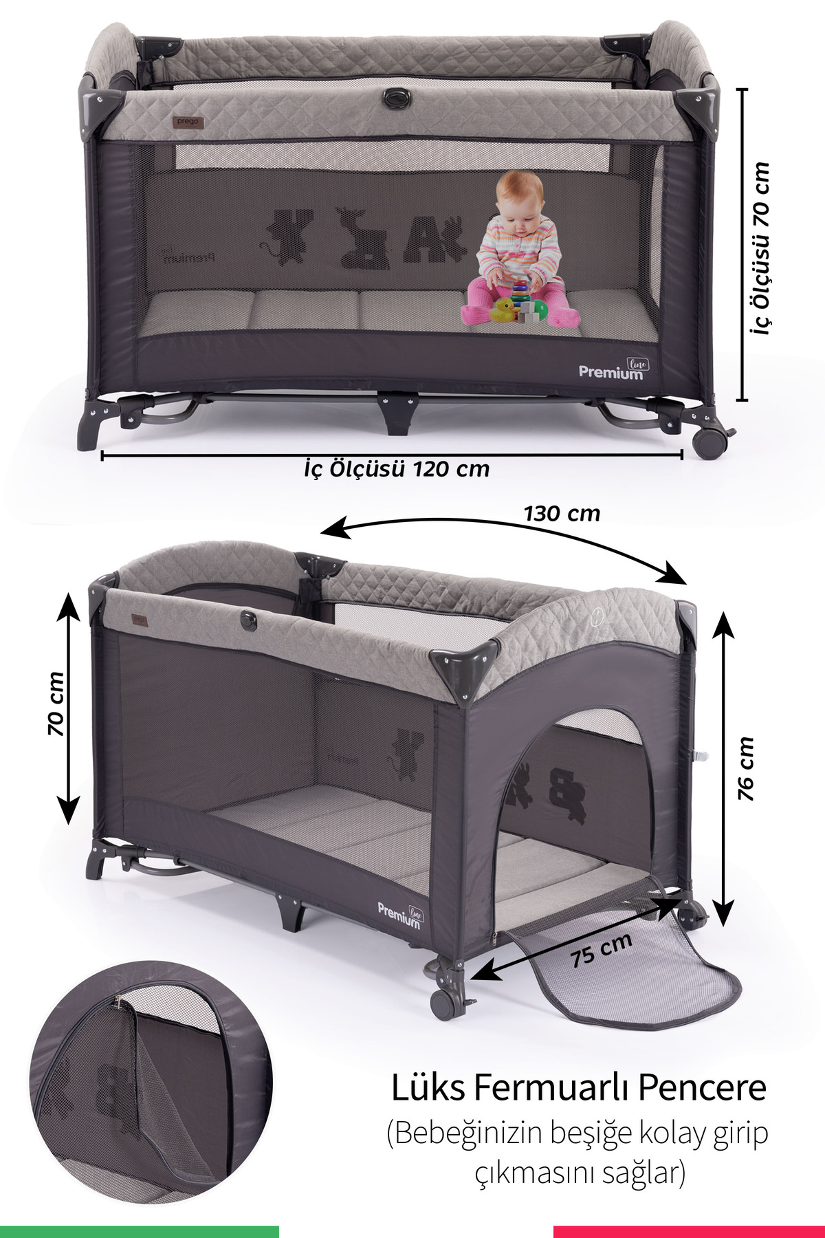 Prego Premium Anne Yanı Oyun Parkı 70*120 Cm GRİ + Yatak Hediyeli GRİ fotoğrafı 4 (önizleme)