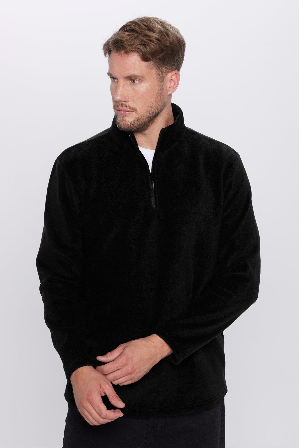 Tudors  Unisex Standart Fit Rahat Kesim Tüylenme Yapmayan Soğuk Geçirmez Siyah Dik Yaka Polar Sweatshirt - Görsel 3