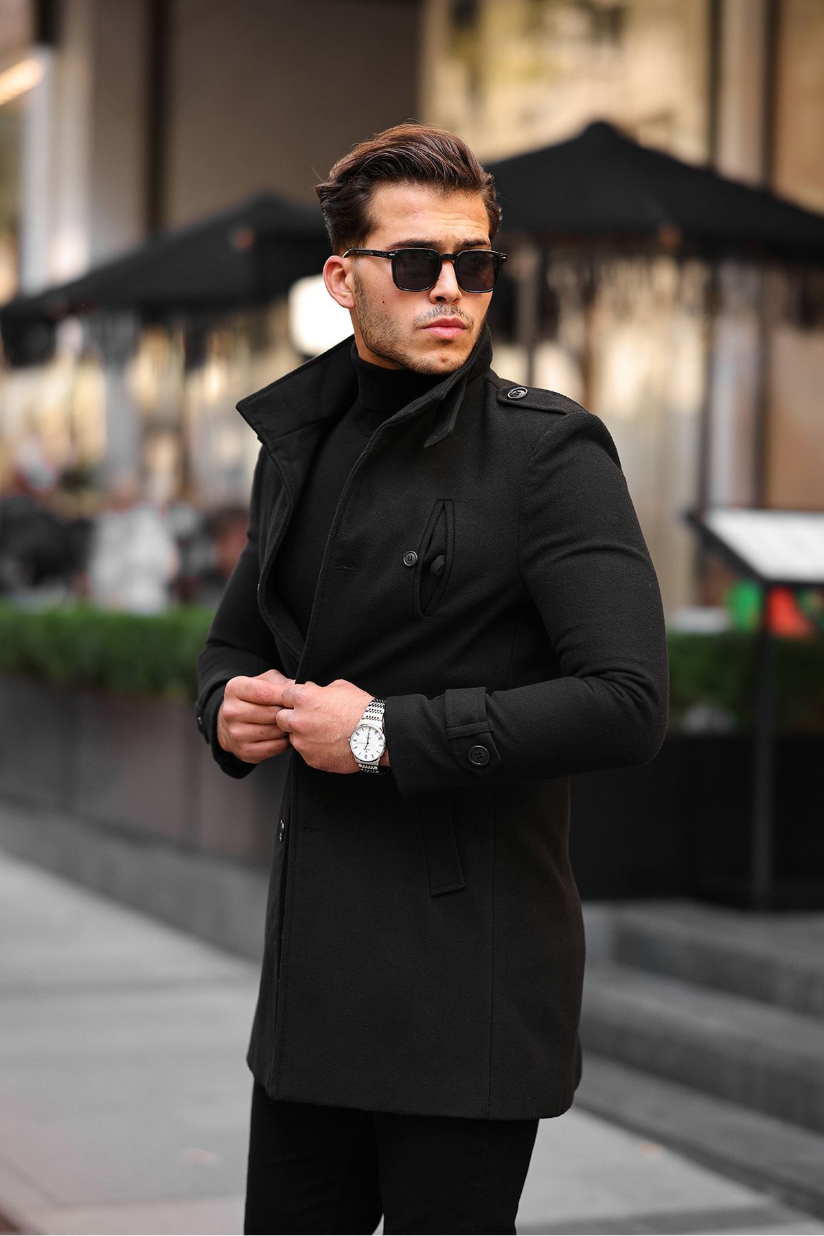 gm giyimarket  Erkek Dar Kesim Dik Yaka Yün Karışımlı Uzun Kaşe Kaban - Görsel 9