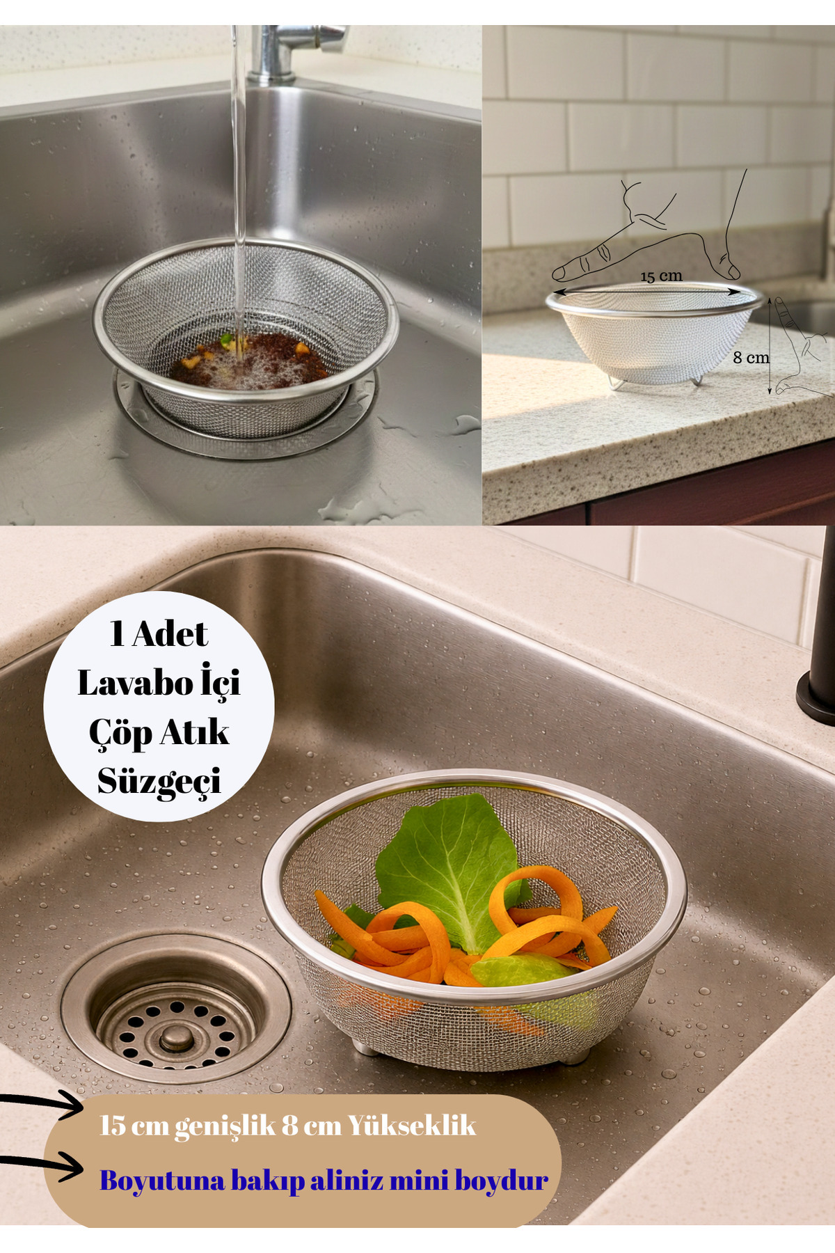 In-Sink Strainer Stainless Steel Metal Drain Filter 1 Piece