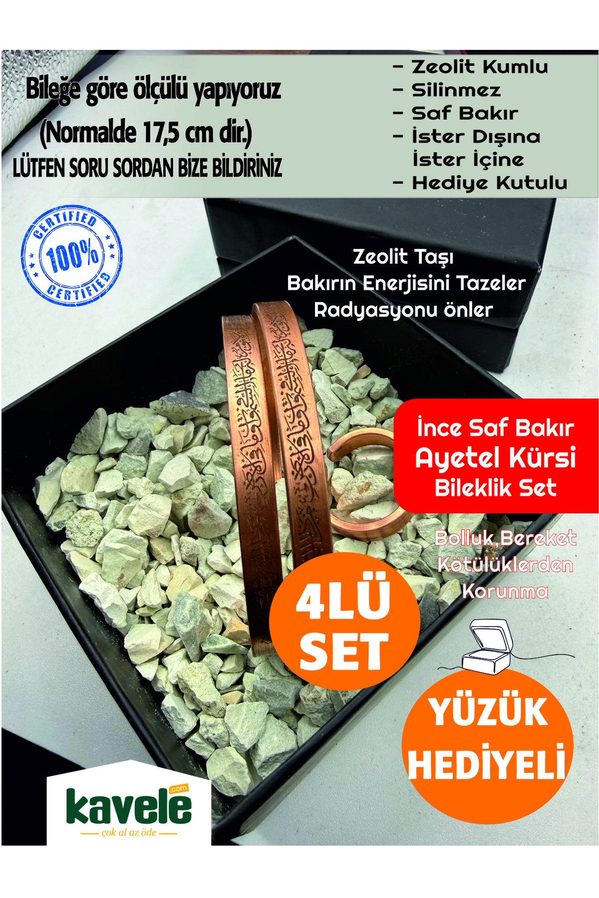 Ham saf Bakır Zarif 2 li Ayetel Kürsi Yüzüklü set Zeolit Taşlı bakır bileklik-Hediyelik Kutuda