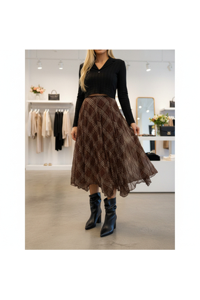 Nisan Triko Ekose Desenli Asimetrik Midi Etek