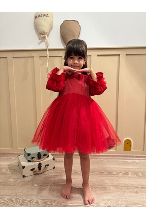 penu baby kids Kırmızı Uzun Balon Kumaş Kol Altı Tütülü Kız Bebek Elbise - Ci...