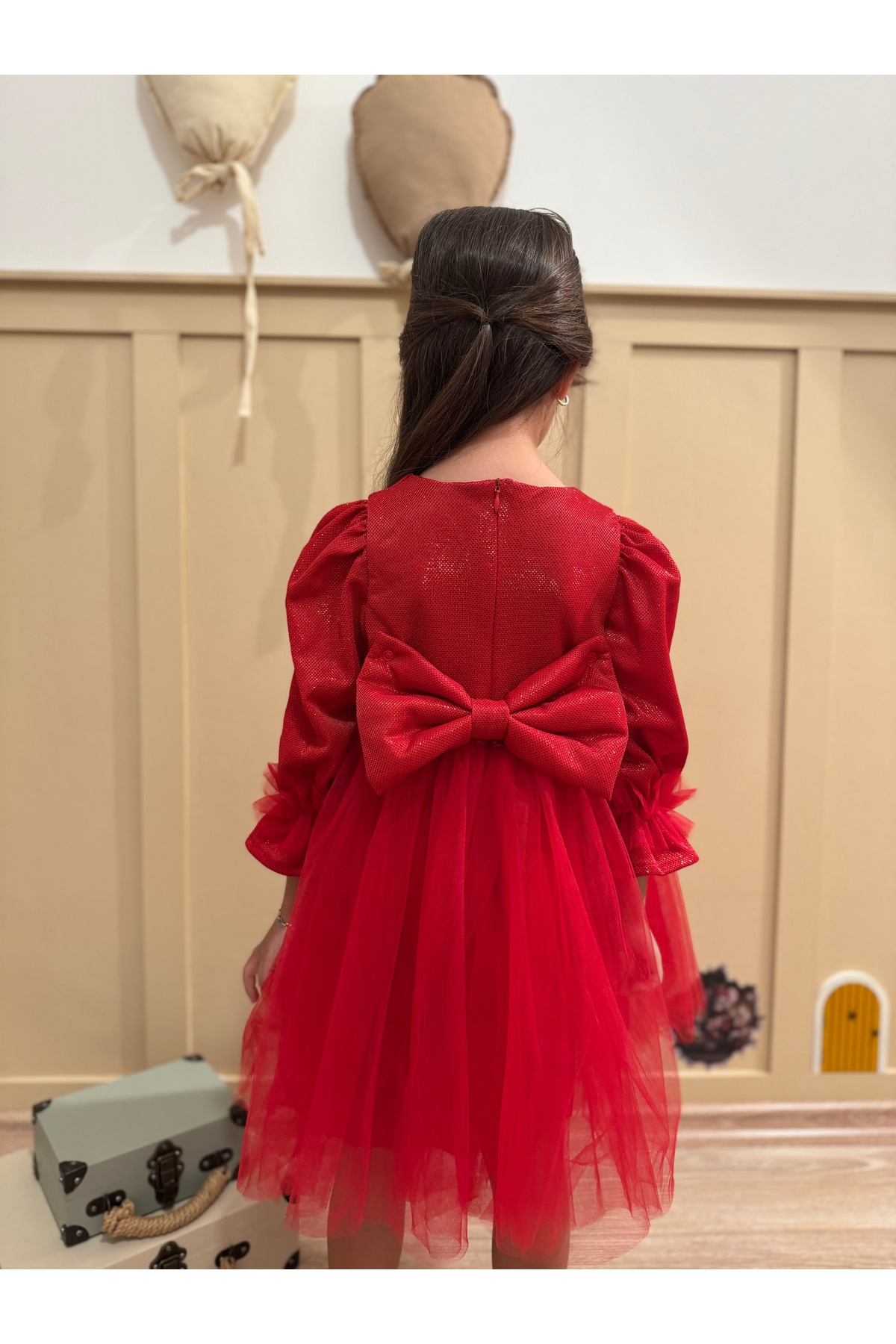 penu baby kids Kırmızı Uzun Balon Kumaş Kol Altı Tütülü Kız Bebek Elbise - Cinderella fotoğrafı 6 (önizleme)