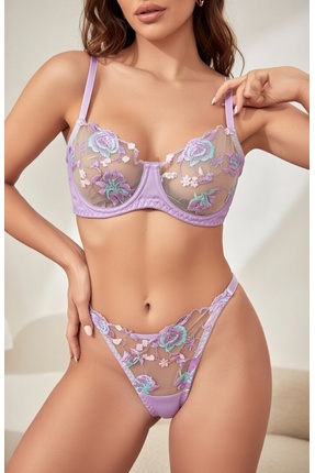 Pransa Çiçek Nakışlı Dantelli Saten Balenli Sütyen Takımı – Lila