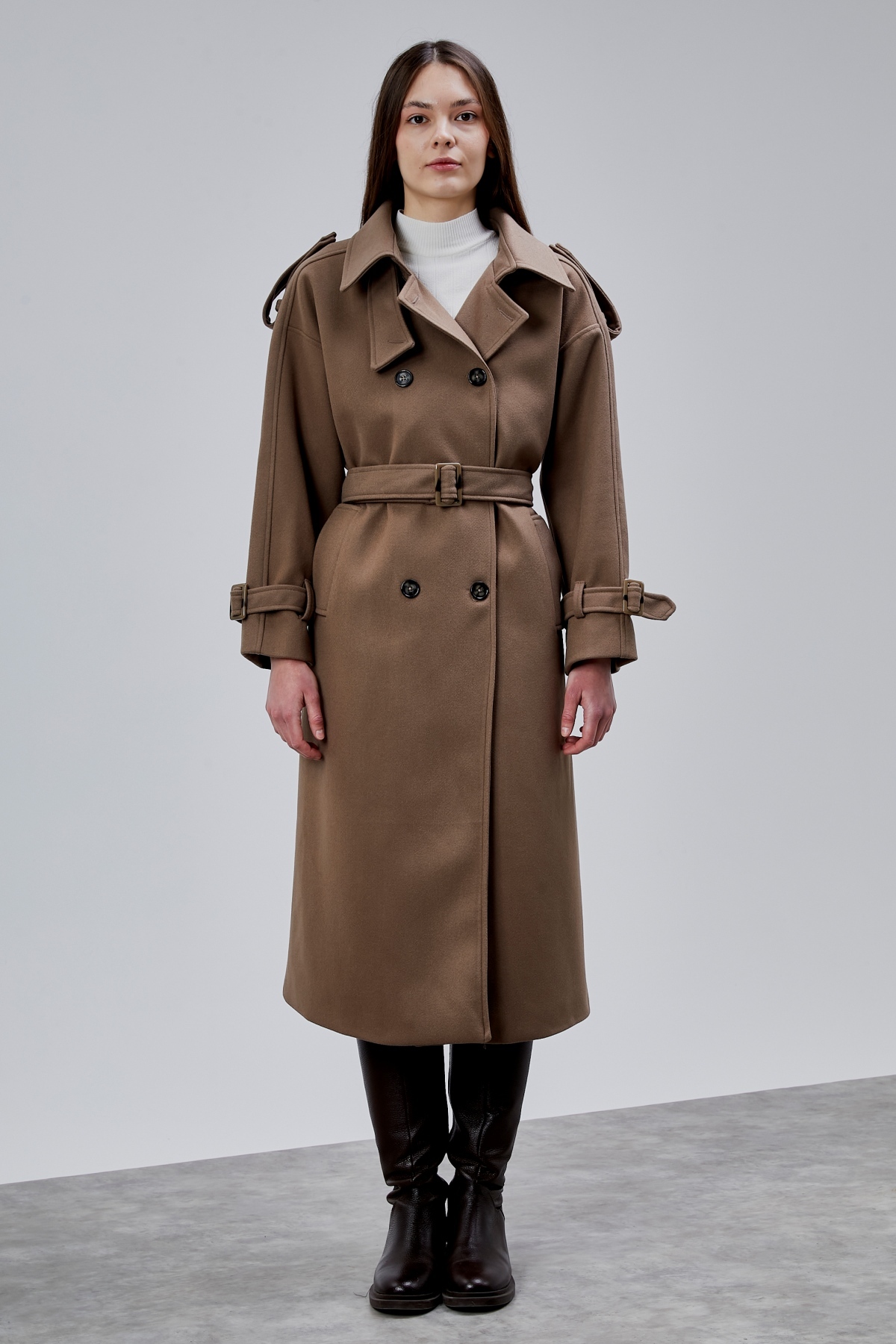 Bolivente  Kuşaklı Oversize Kaşe Kaban - Görsel 5