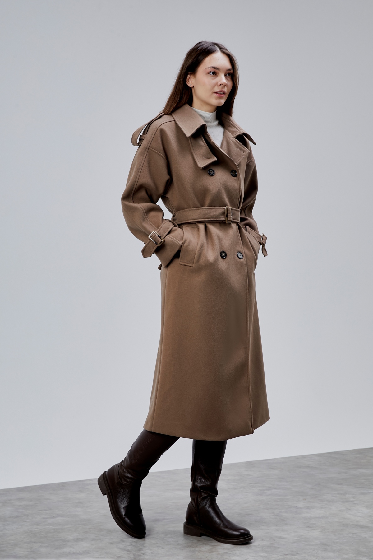 Bolivente  Kuşaklı Oversize Kaşe Kaban - Görsel 7