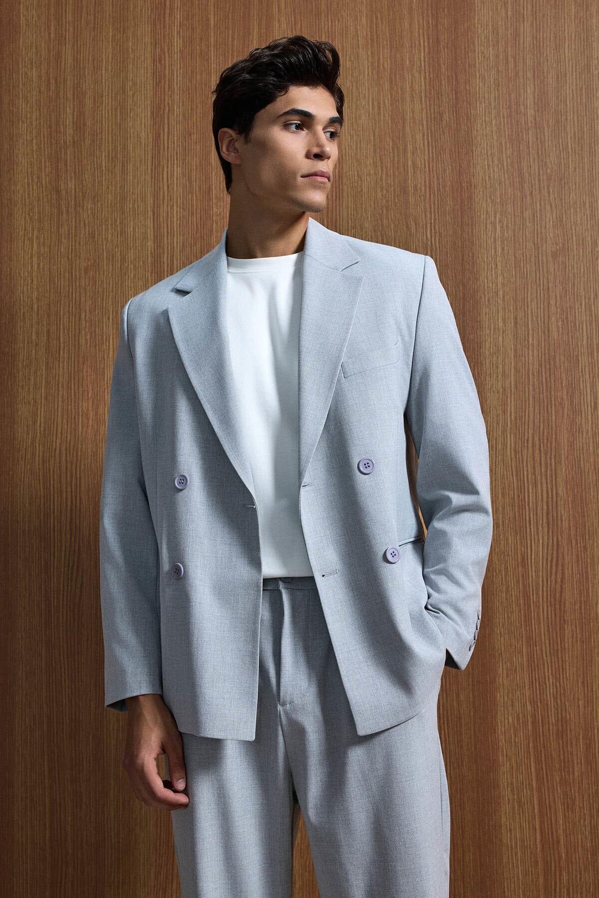 ablukaonline  Erkek Oversize Rahat Kalıp Kruvaze Takım Elbise Gri - Görsel 3