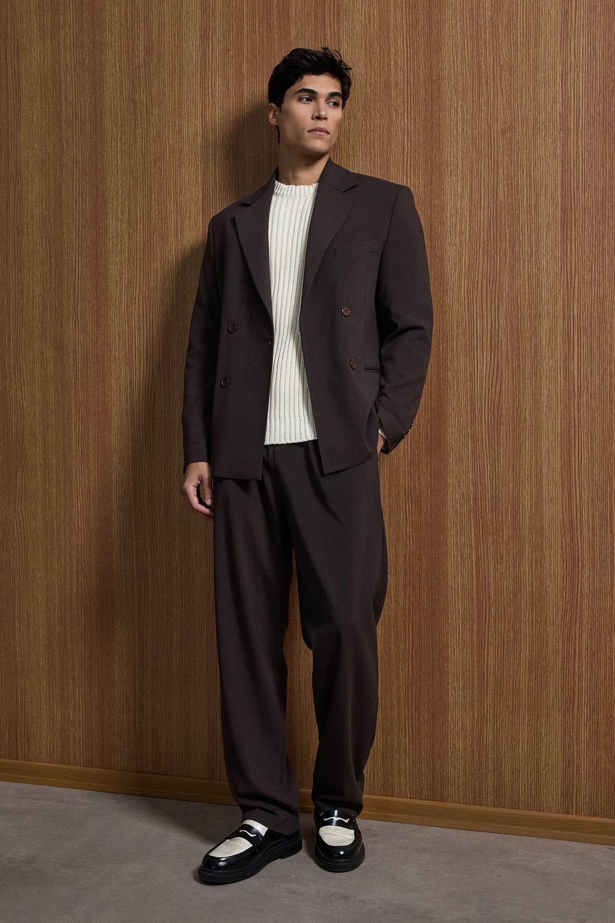 ablukaonline  Erkek Oversize Rahat Kalıp Kruvaze Takım Elbise Kahve - Görsel 5