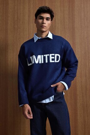 ablukaonline Erkek Oversize Limited Kabartma Baskılı Triko Kazak Lacivert