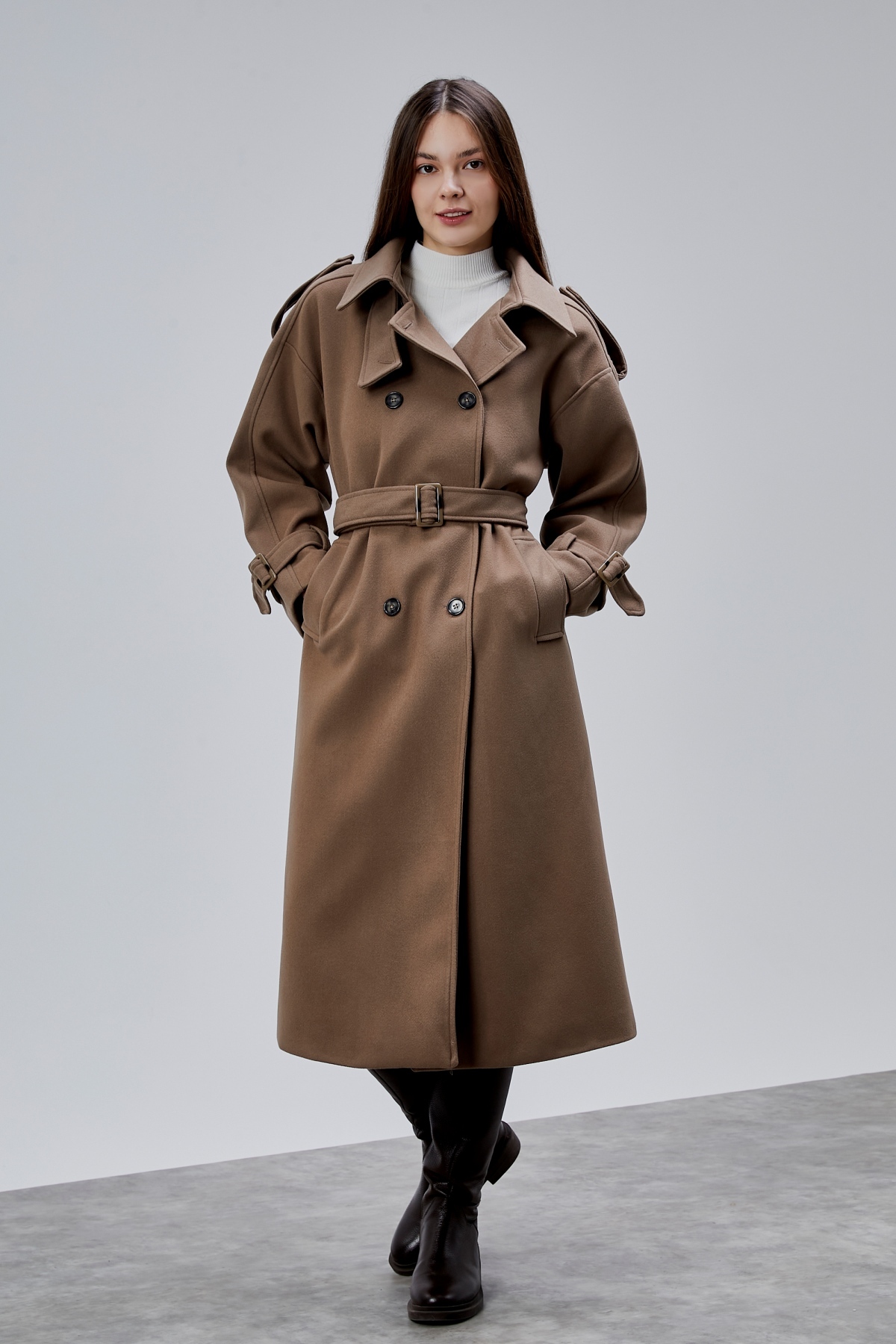 Bolivente  Kuşaklı Oversize Kaşe Kaban