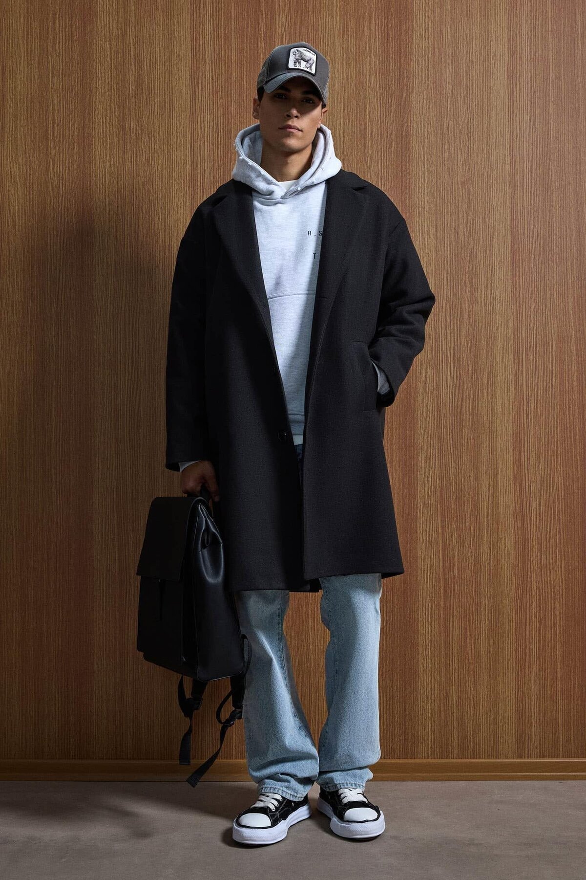 ablukaonline  Erkek Oversize Düğmeli Kaşe Kaban Siyah - Görsel 6