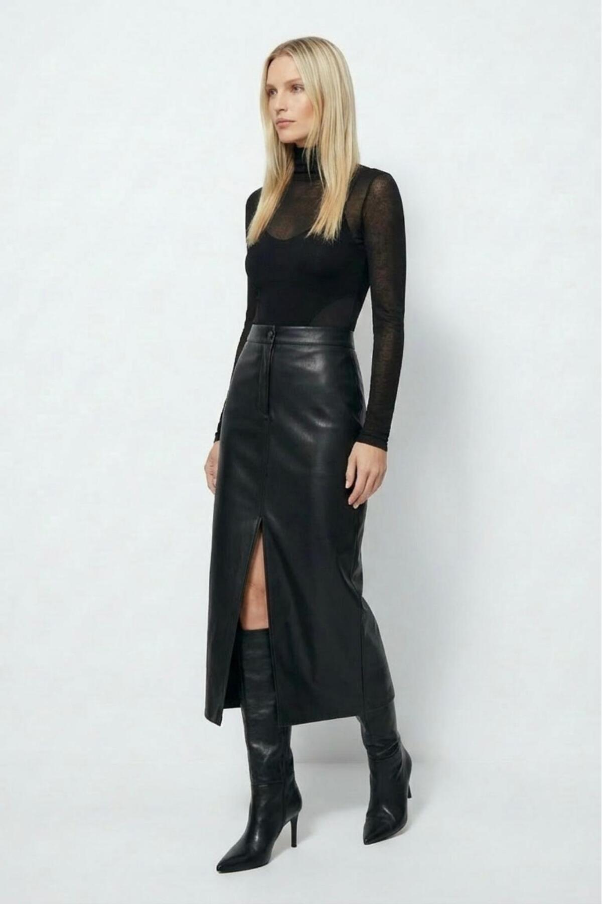 Grenj Fashion Siyah Yırtmaçlı Suni Deri Yüksek Bel Maxi Etek görsel 4