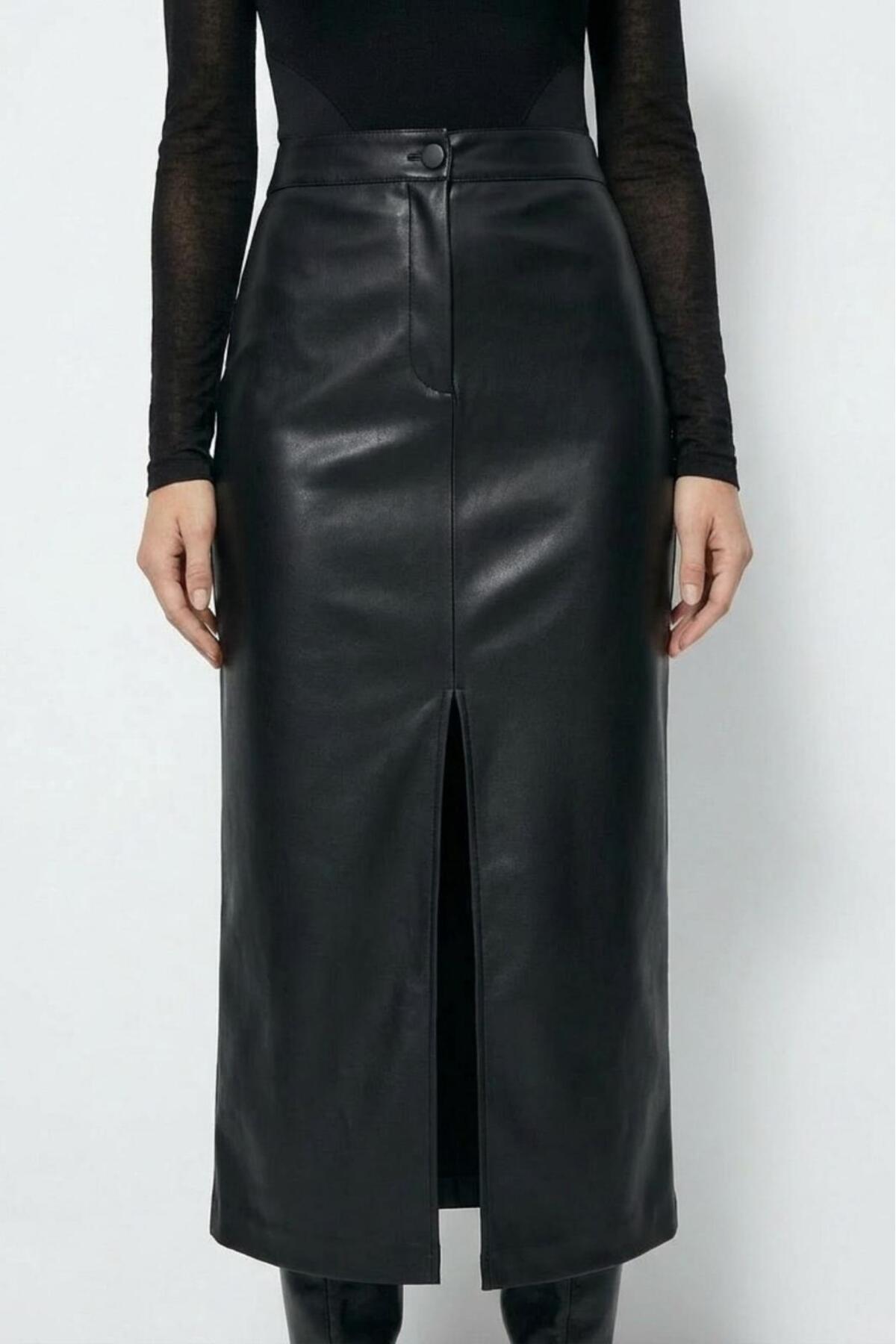Grenj Fashion Siyah Yırtmaçlı Suni Deri Yüksek Bel Maxi Etek görsel 3