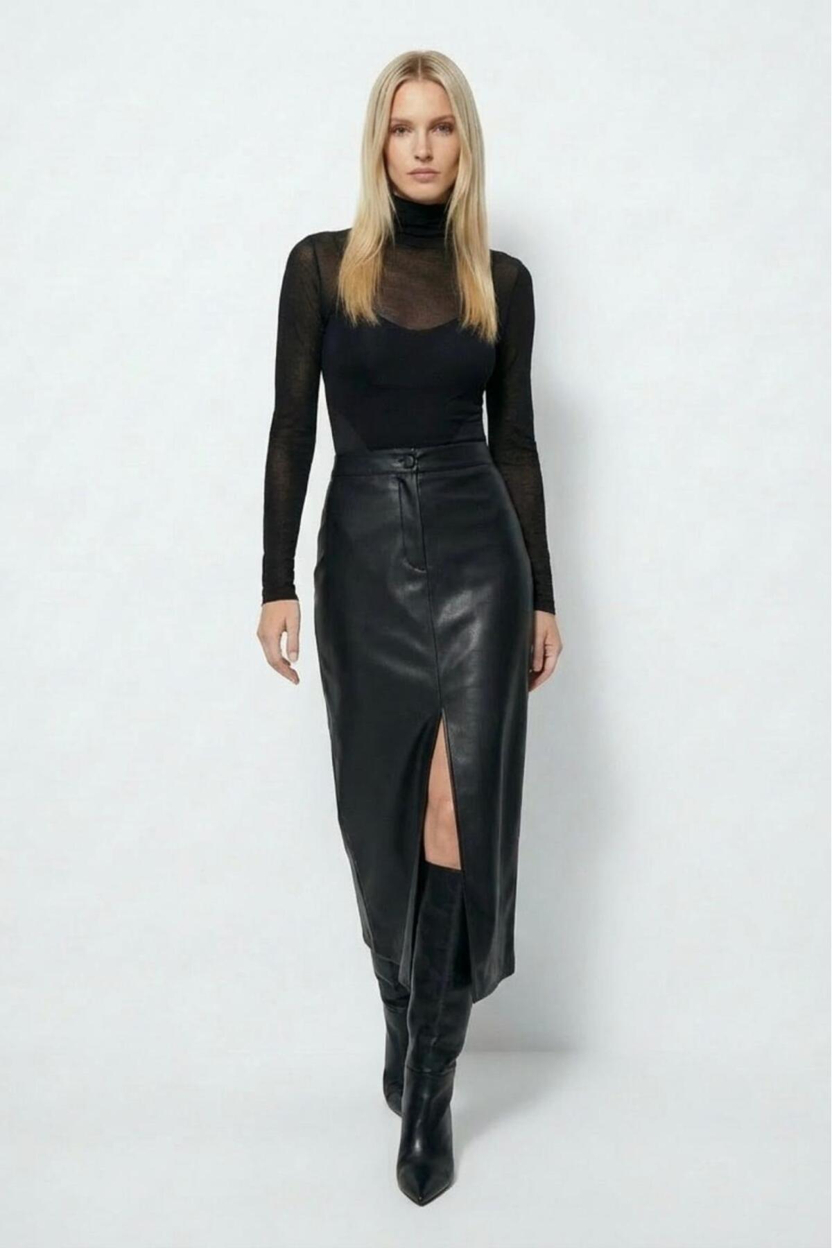 Grenj Fashion Siyah Yırtmaçlı Suni Deri Yüksek Bel Maxi Etek görsel 2